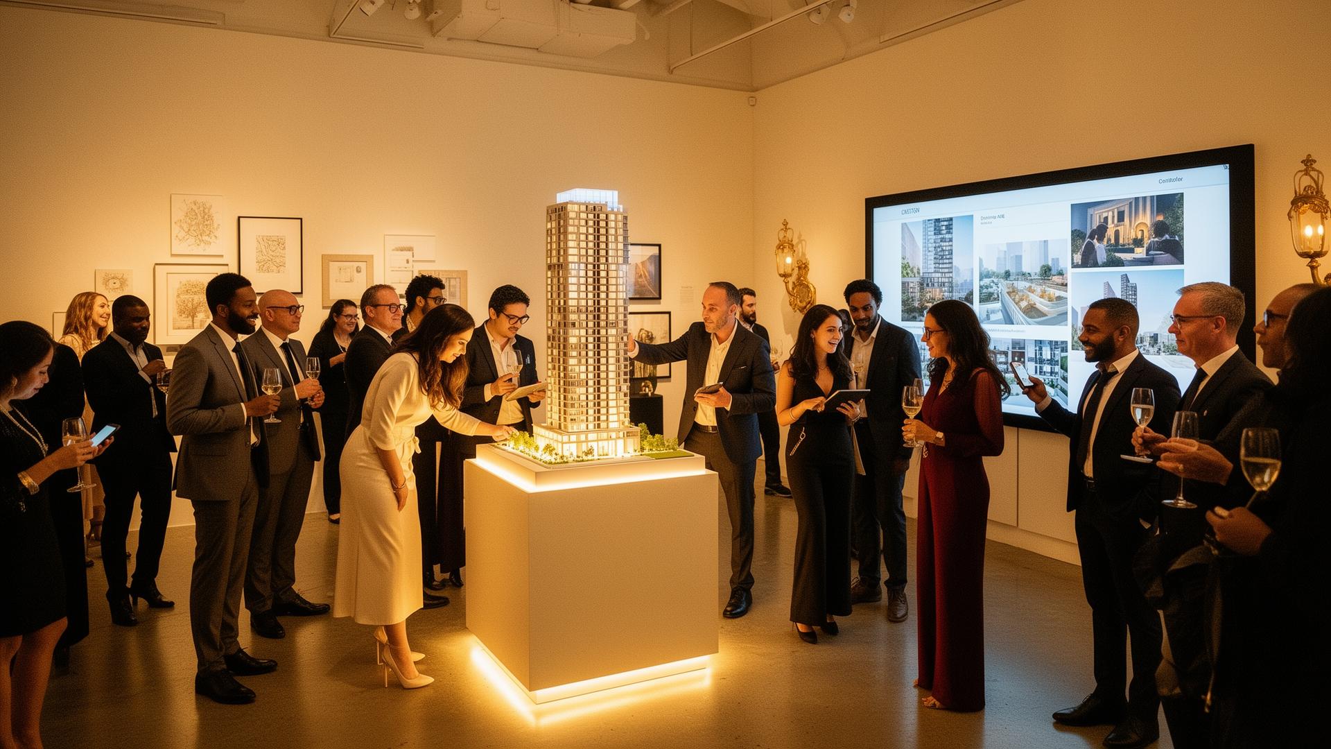 Gallery-style gala unveiling a luxury residential tower with architectural model and interactive screen