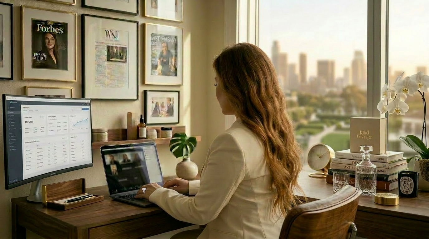Editorial portrait at a modern desk on a Zoom call, brand pin board in background
